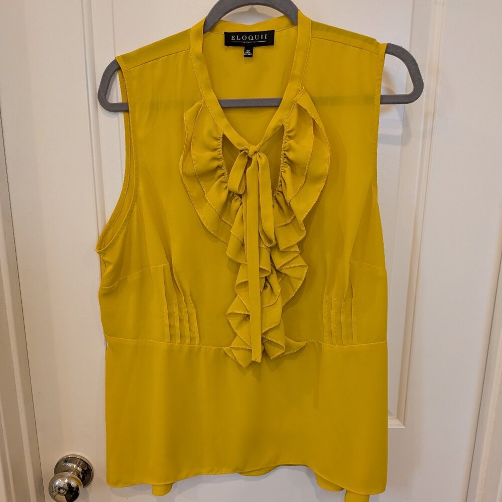 Eloquii Mustard Yellow Ruffle Tie-Neck Sleeveless Blouse | Size 16P